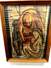 ORIGINAL ART EXPRESSIONISM CUBISM  DIFFERING COLORS LOVING FAMILY FRMD IN GLASS