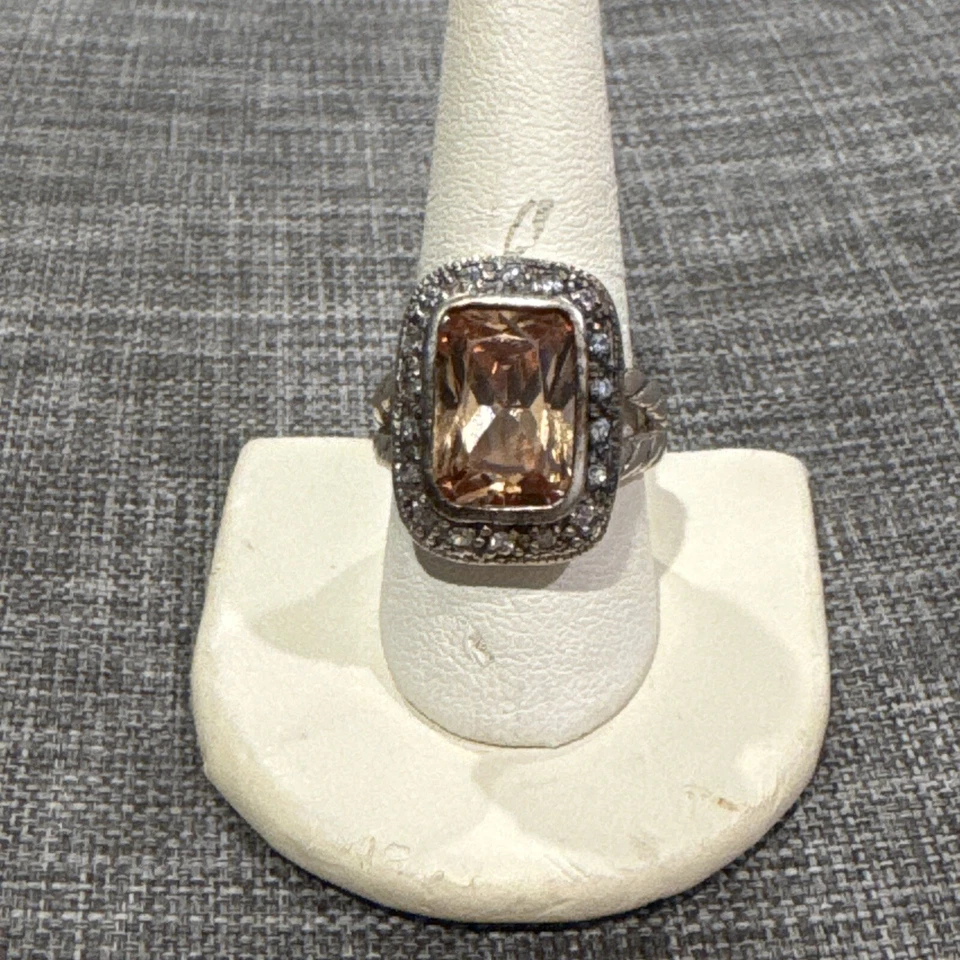 Prata esterlina ~ anel de haste dividida design de cabo com laranja CZ cercado por halo ~ tamanho 9 - Imagem 2 de 4