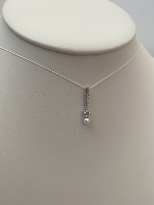 14k Solid White Gold Natural Pearl w/ 0.13 CT Diamond Pendant, Charm