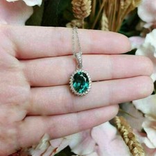3Ct Oval Green Emerald Diamond Halo Pendant Free 18" Chain 14K White Gold Finish