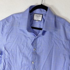 Charles Tyrwhitt Shirt Men 17 34 Extra Slim Fit Blue Non-Iron Plaid Dress Shirt