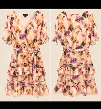 Simply Vera Vera Wang Floral Chiffon Ruffle Belted Dress V-Neck XL Peach