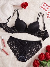 Lace Bra Set Women's Push Up Bow Detail Sheer Stretch Support Underwear 2 Piece