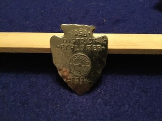 Boy Scout 1958 district explorer trek Sherm Landman neckerchief slide metal