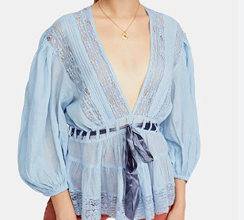 Túnica romántica favorita de Free People para mujer M azul claro manga globo encaje soñador Foto 3 de 4