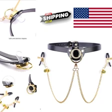 Black and Gold BDSM Nipple Clips with Chain and Adjustable Collar for Couples