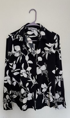 H&M Womens Black White Graphic Floral Long Sleeve Blouse  Size XS