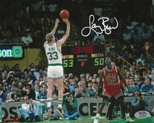 Signed 16x20 LARRY BIRD Boston Celtics MICHAEL JORDAN Photo w/PSA Witness COA
