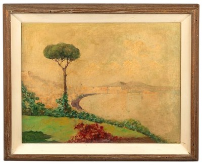 Antique Impressionist Italian Landscape, Oil on Cut Canvas, Bay of Naples