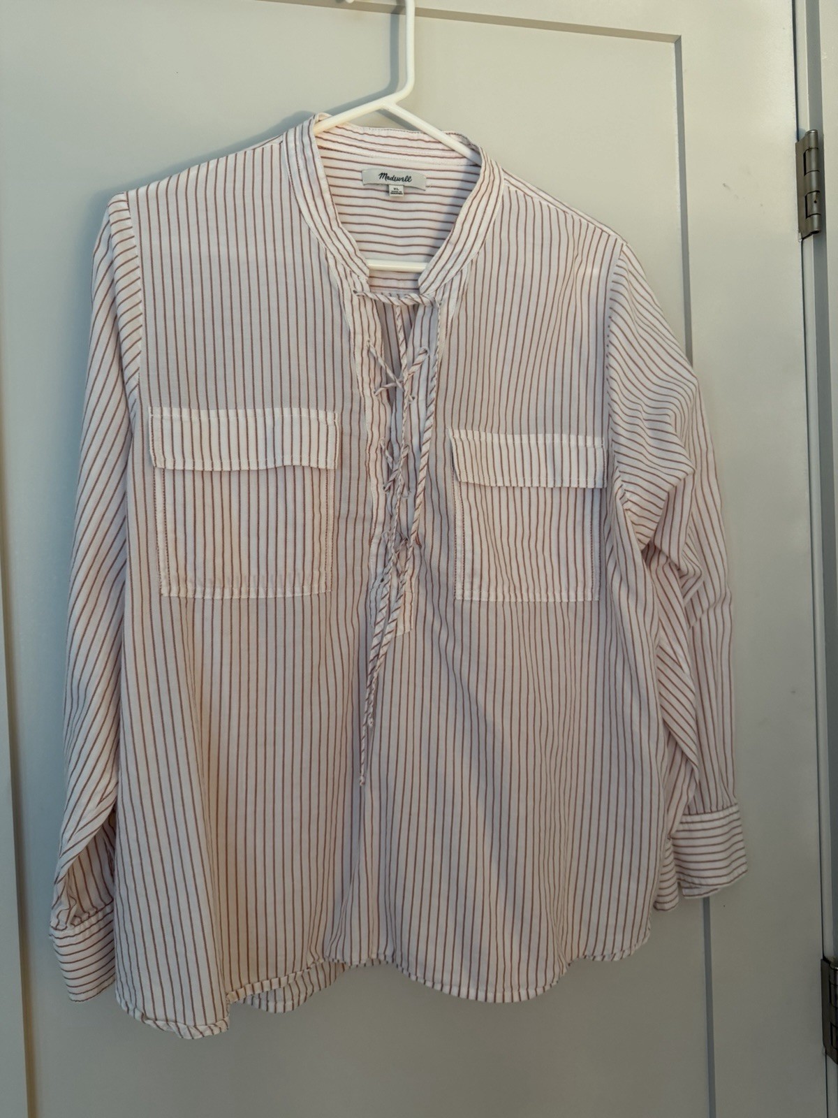 Madewell Women's Top Striped Long Sleeve Size XL 100% Cotton Drawstring Front
