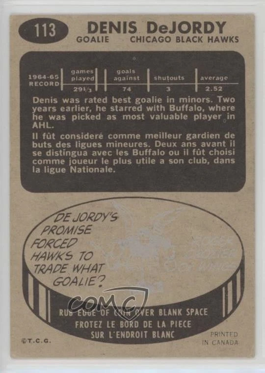 1965-66 Topps Denis DeJordy #113 - Image 2 of 2