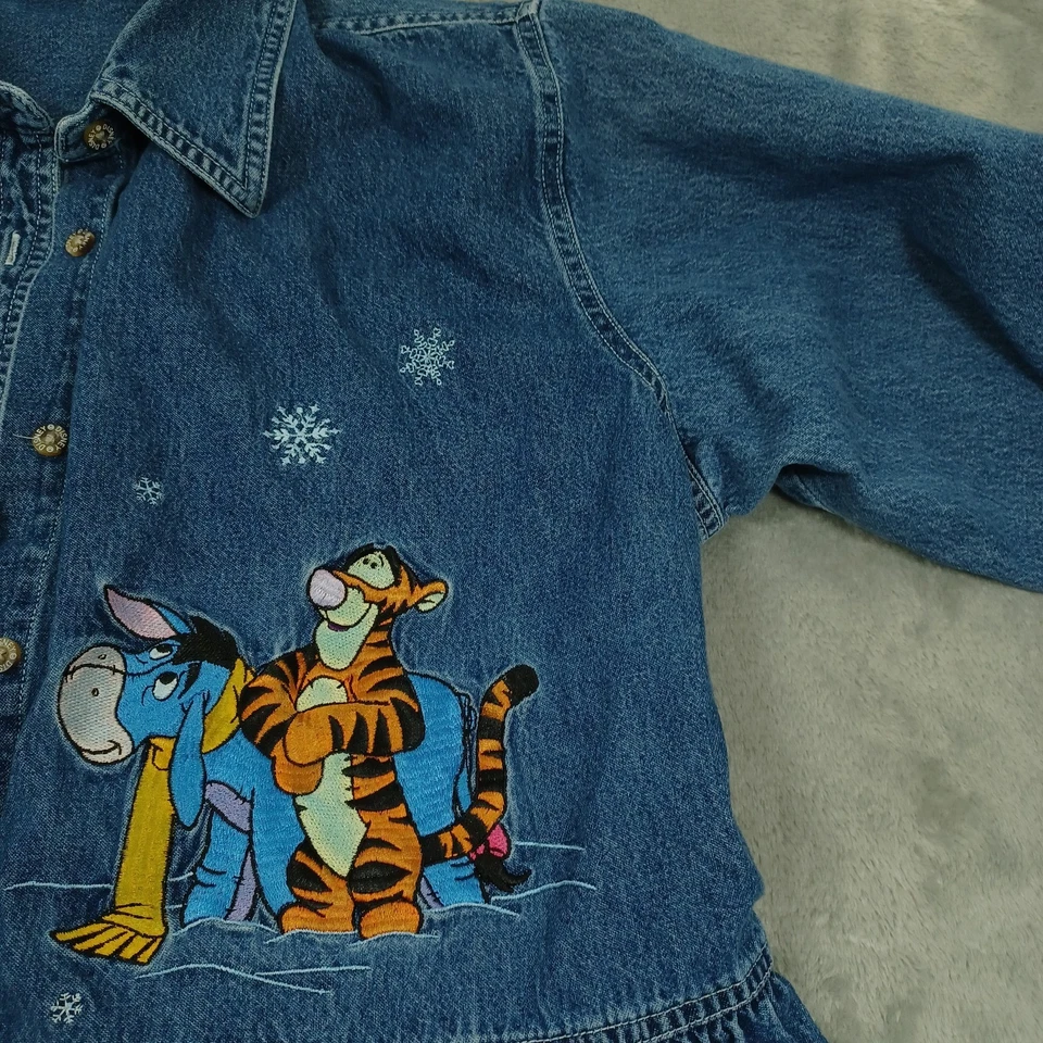 Vintage Disney Shirt Dress Womens 1X Blue Denim Winnie The Pooh Button Up 90s - Image 3 of 4