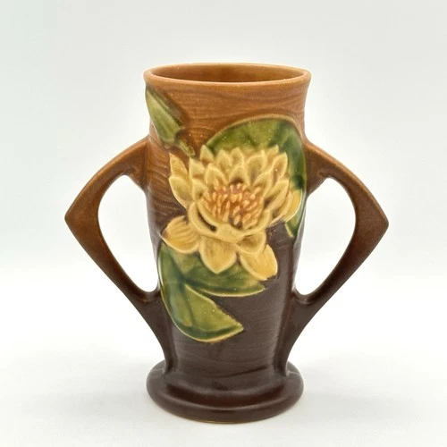 Roseville Water Lily 1943 Vintage Art Pottery Brown Ceramic Handled Vase 72-6