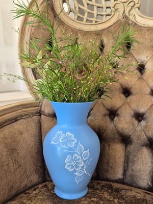 Blue Glass Artist SIGNED Vase with Hand Painted Flowers- Farmhouse