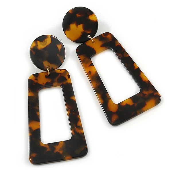 Trendy Tortoise Shell Effect Black/ Brown Geometric Acrylic Drop Earrings - - Image 2 of 4
