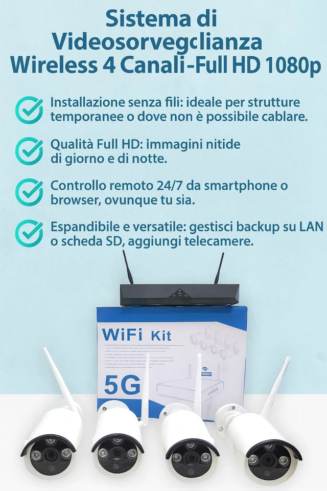 Kit Videosorveglianza Wi-Fi 4 Canali Full HD NVR/DVR 5G LAN Remoto IP antifurto - Immagine 2 di 4