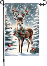 Winter Christmas Garden Flag Reindeer and Holly Patterns Yard Garden Flag 12X18