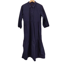 Quince Women 100% Organic Cotton Poplin Midi Tunic Dress Navy Basic Sleeved S