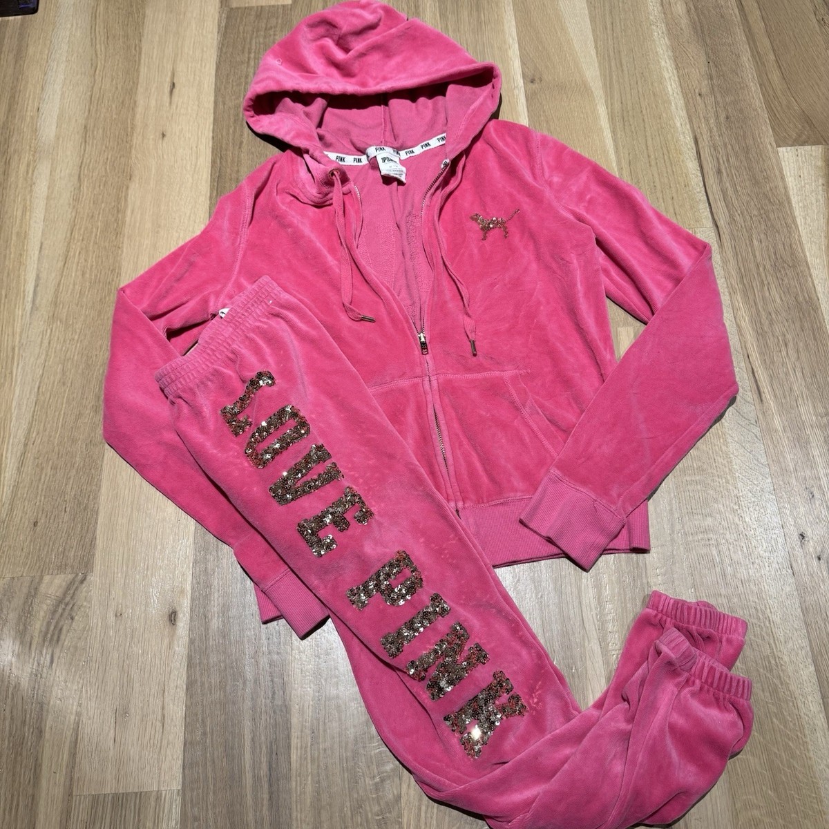 Victoria's Secret LOVE PINK Logo Sequin Hoodie M Pants S Pink