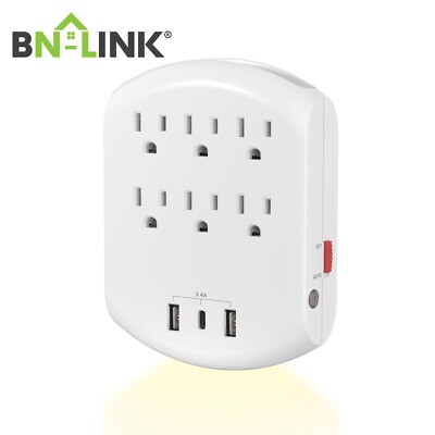 BN-LINK Multi Plug Outlet, USB Wall Charger with 6 Outlets, 3 USB Charging Ports