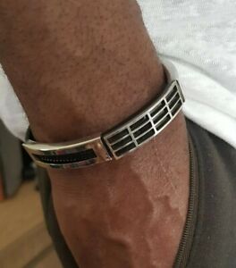 Mans Real Leather & Stainless Steel 5 Band Bracelet