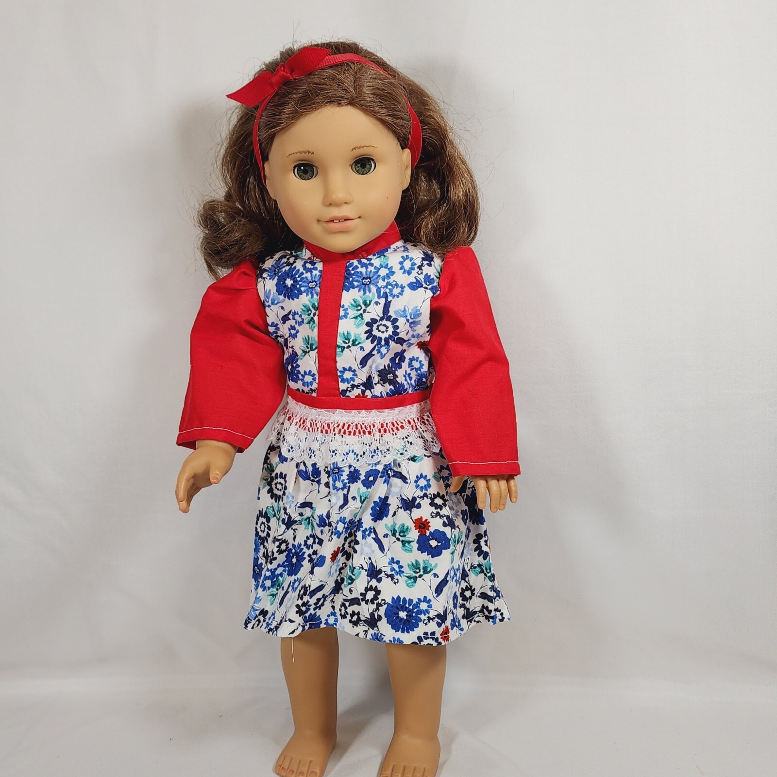 Handmade Blue Floral Lace Dress & Red Headband Outfit for 18