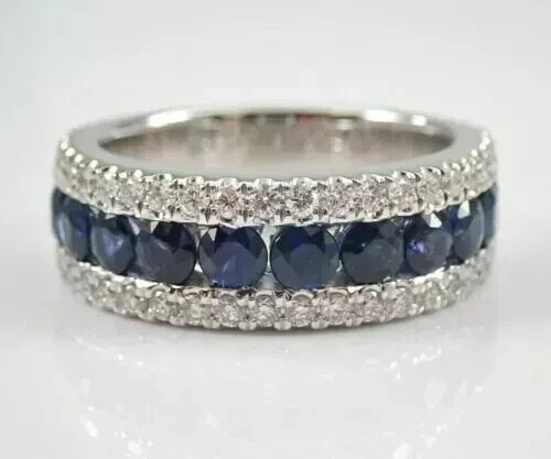 2Ct Round Cut Lab-Created Blue Sapphire Wedding Band Ring 14K White Gold Plated - Picture 6 of 11