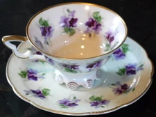 Antique Victorian PURPLE VIOLET FLOWERS Footed Teacup & Saucer Set BONE CHINA