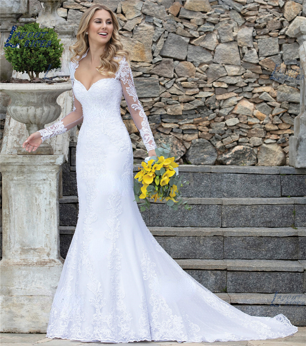 Elegant Lace Mermaid Wedding Dresses Long Sleeve With Pearls Appliques Gowns | eBay Elegant Lace Mermaid Wedding Dresses Long Sleeve With Pearls Appliques Gowns | eBay