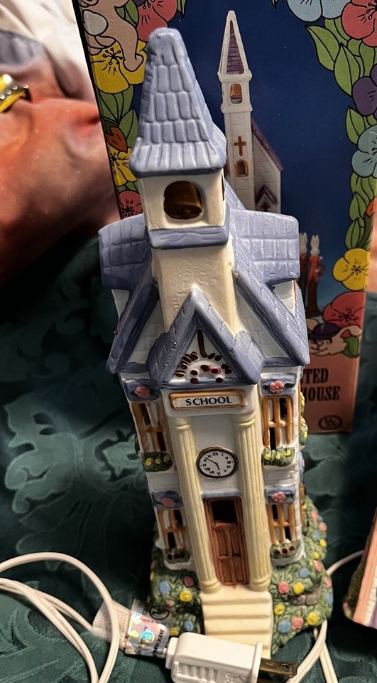 Lot Of 3 Ceramic Easter Houses Church School Grocery + Boxes RARE CUTE Light Up eBay