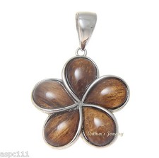 GENUINE INLAY HAWAIIAN KOA WOOD PLUMERIA FLOWER PENDANT 925 SILVER 15MM -25MM