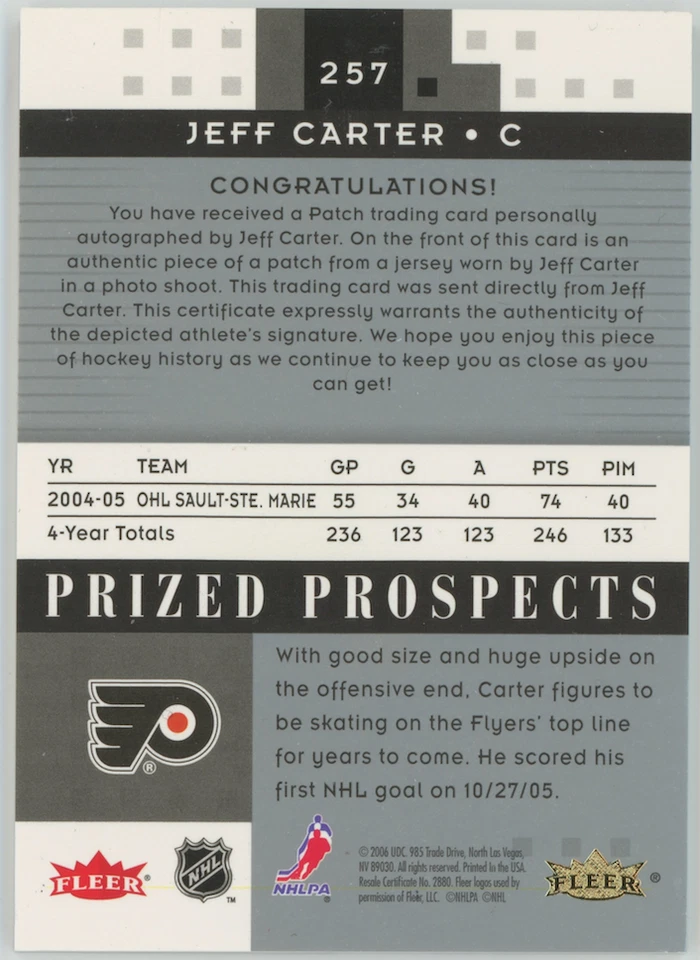 Jeff Carter 2005-06 Fleer Prized Prospects Auto Jersey Flyers #257 /199 27999 - Image 2 of 2
