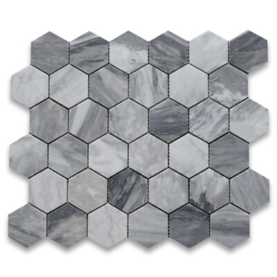 K32XH Bardiglio Gray Dark Grey Marble 2 inch Hexagon Mosaic Tile Honed