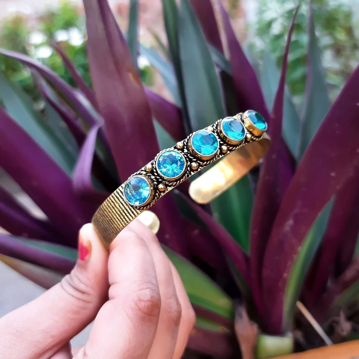 Blue Topaz Five Gemstone Hand Gold Plated Bracelet Antique New Design Cuff D98