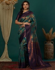 Embellished Kanjivaram Silk Blend, Jacquard Saree  (Green)