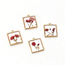 Clearance 8PCS Gold Tone Dried Pressed Flower Resin Square Charm Pendant GBY1202