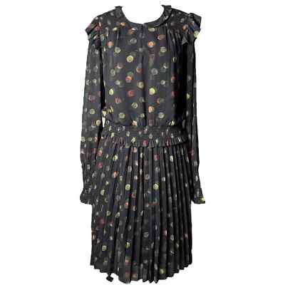 Scotch & Soda Smocked Ruffle Printed Polka Dot Midi Long Sleeve Dress sz L