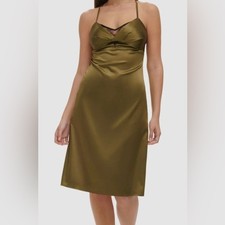 Guess NWT Size 12 Olive Green Satin Slip Midi Dress Lace Trim Strappy