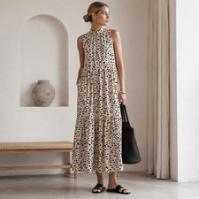 ASOS Tiered Maxi Dress 8 Cream Black Abstract Dot Cotton Boho Chic Casual Summer