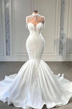 High Neck Mermaid Wedding Dresses Lace Luxury Appliques Sleeveless Bridal Gowns