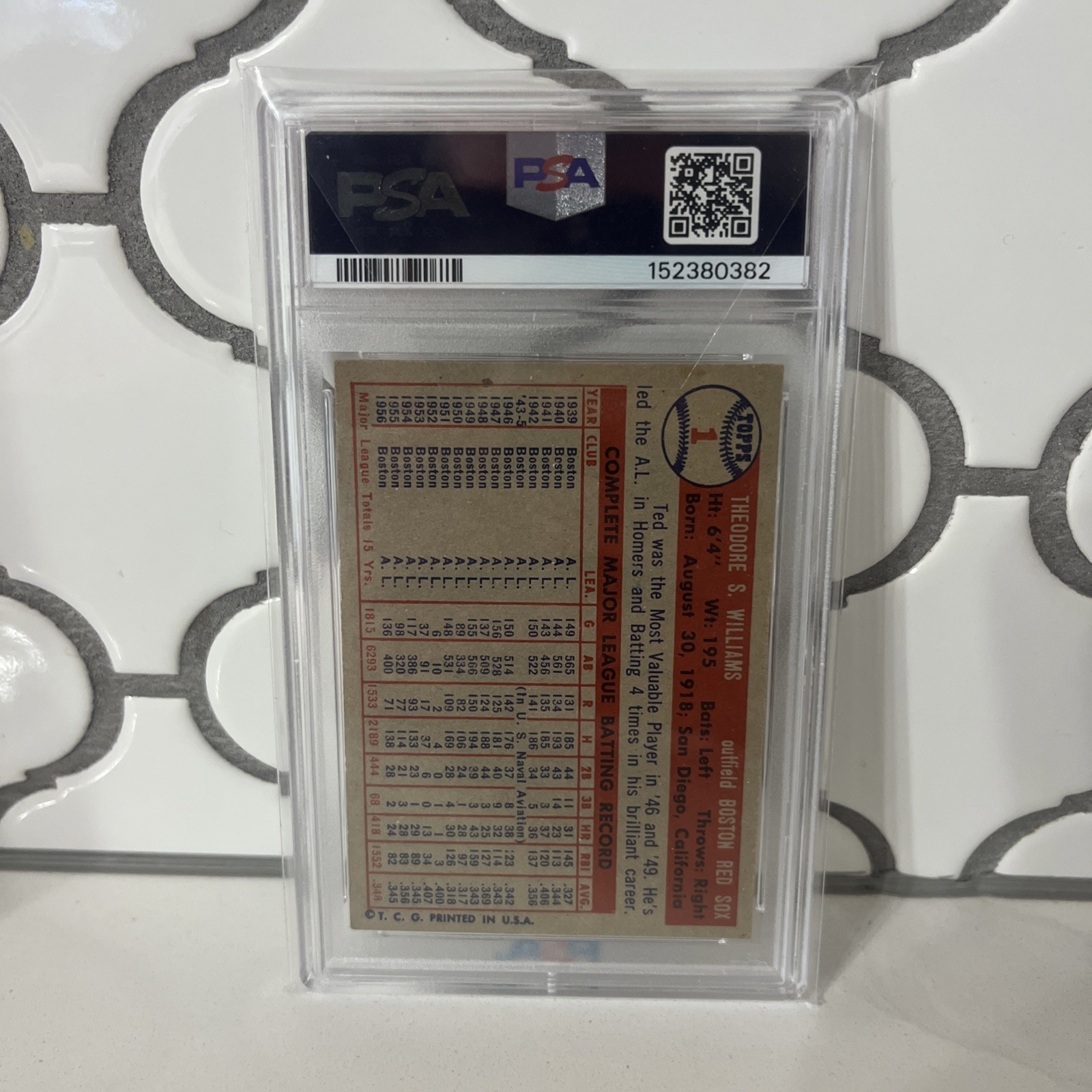 TED WILLIAMS 1957 Topps #1 PSA 4 Super Clean No Creases! Red Sox Legend view 2
