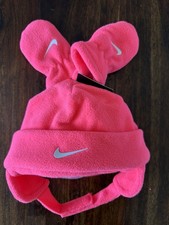 Nike Toddler Fleece Chin Strap Trapper Hat  Mittens 2 Piece Racer Pink 12-24M