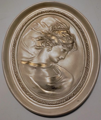 Cameo Vintage Chalkware Oval Wall Hanging Plaque Pair Victorian Women Goddess - Picture 2 of 10