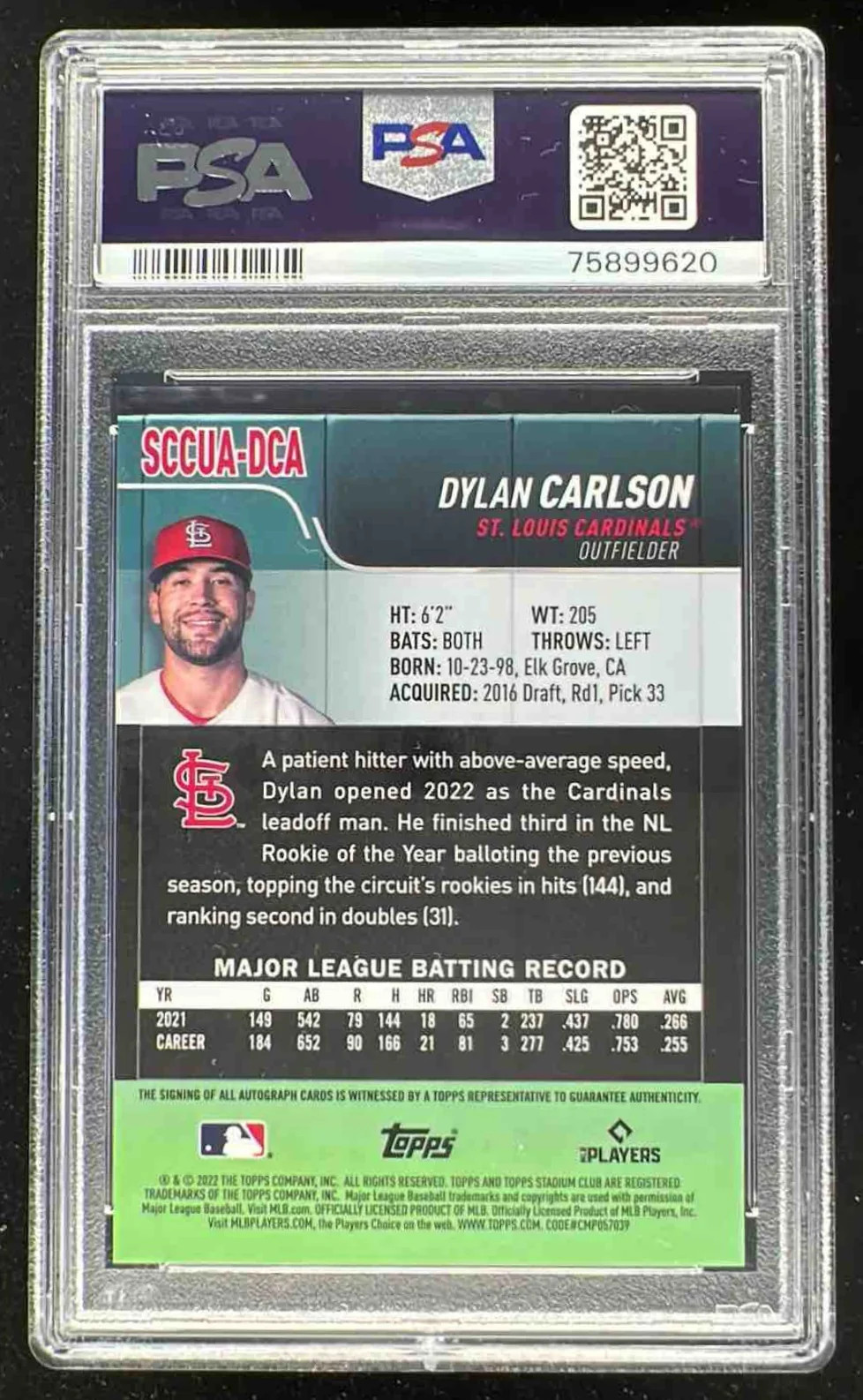 2022 Topps Stadium Club Chrome Autographs #SCCUA-DCA Dylan Carlson Auto PSA 10
