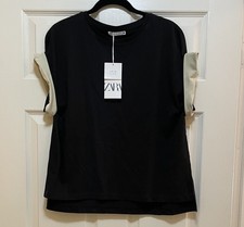 ZARA Black with Cuffed Short Sleeves T-shirt Sz S NWT