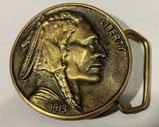 Vintage 1976 Solid Brass Indian Head Belt Buckle of a 1913 coin look J-8980