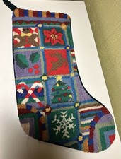 Vintage Wool Tapestry Needlepoint 18" Christmas Collage Stocking w Green Velvet