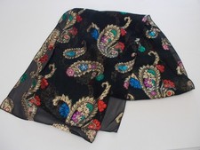 VTG Black Sheer w/ Multi Color Metallic Paisley Design Rectangle Scarf JAPAN