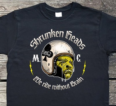 T-Shirt ''Shrunken Heads'' mit Biker Brustprint Motorrad Tiki in black von M-XXL