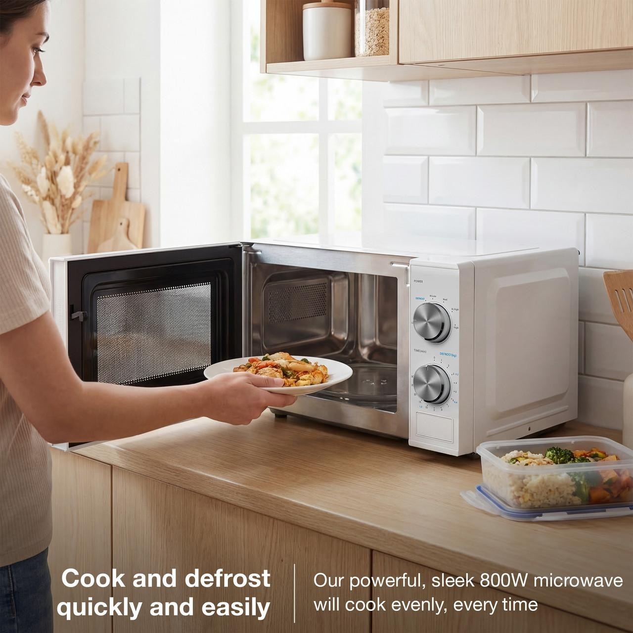 Hyundai Microwave 800W 20L Stainless Steel 6 Power Levels Defrost Dial White